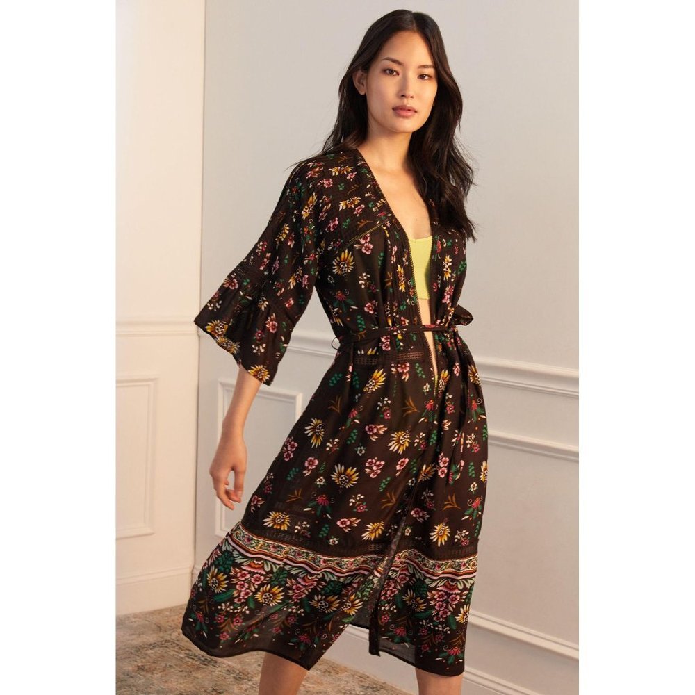 Anthropologie Pintucked Black Floral Robe- Size Large